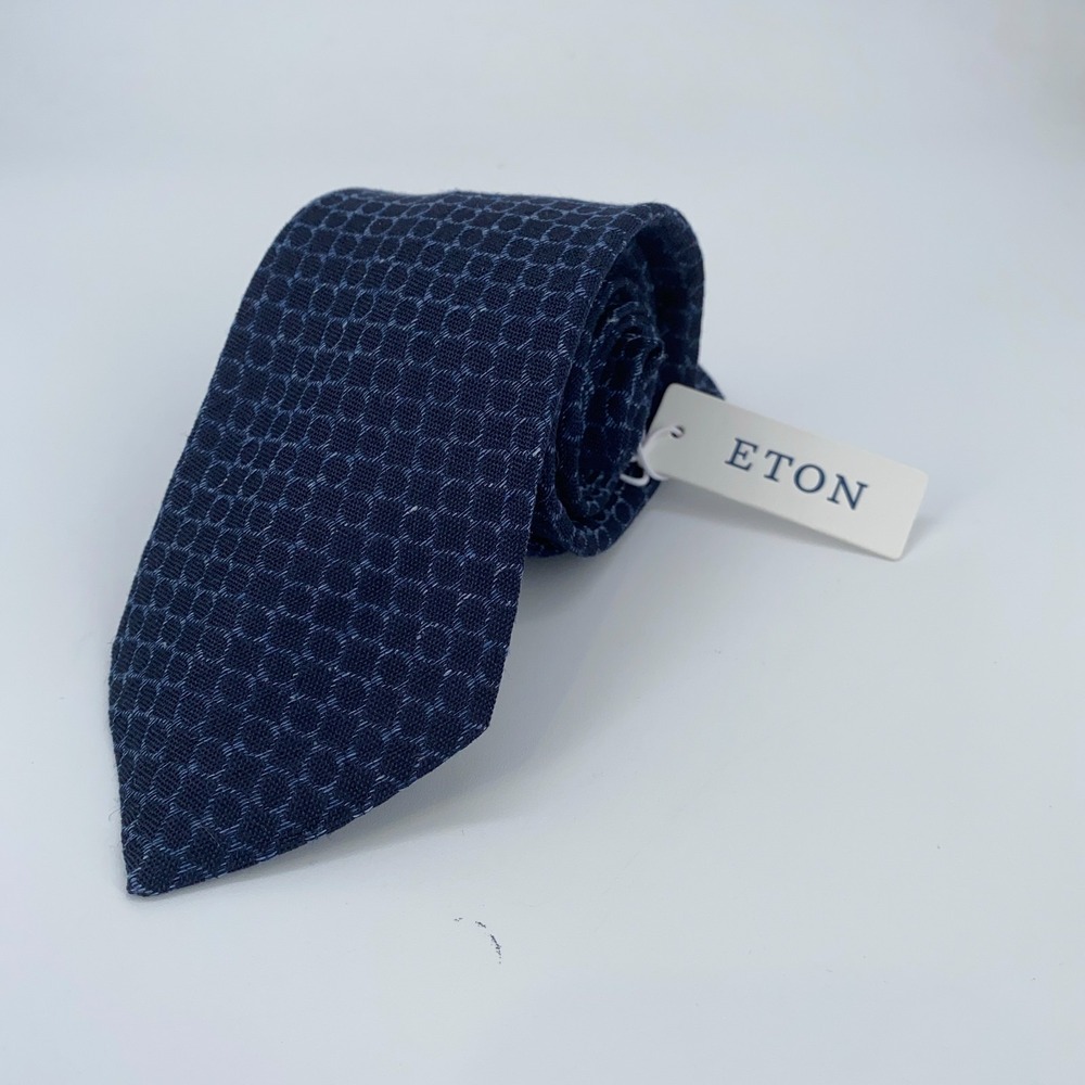 Eton Tie Mens One Size Blue Patterned Linen Classic Fit Necktie‎ Italy Made NWT